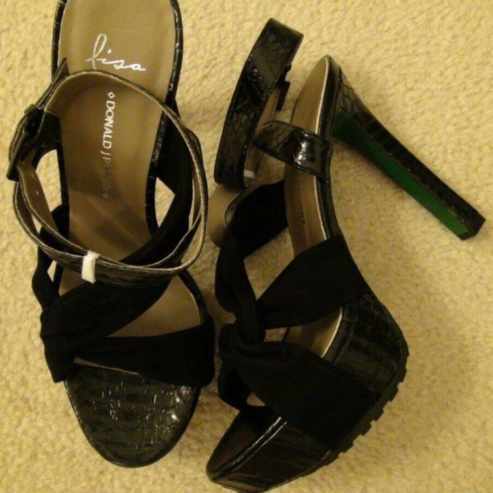 Lisa for Donald Pliner Deryk Black Suede Platform Sandal Heels 8.5M MSRP $285